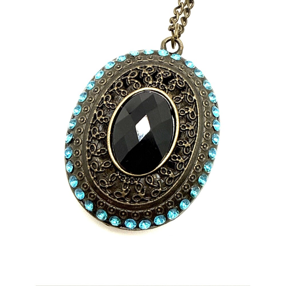 Vintage Victorian Revival Pendant Necklace Black Blue Rhinestones 28" Long Goth